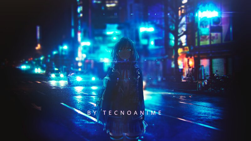 Anime Girl on Street — Blue, Dark
