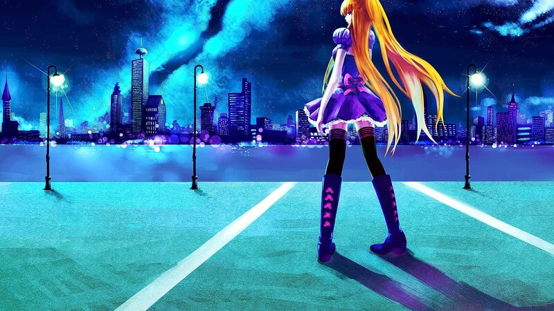 Anime Girl on Street — Blue, Dramatic, Night