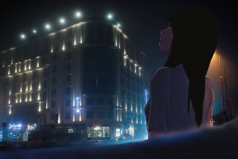 Anime Girl on Street — Blue, Nocturnal