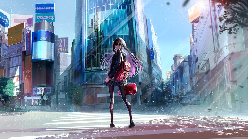 Anime Girl on Street — Blue, Serene, Afternoon