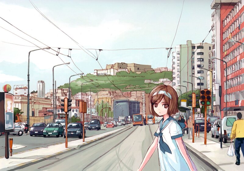 Anime Girl on Street — Blue
