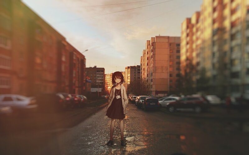 Anime Girl on Street — Brown, Dramatic