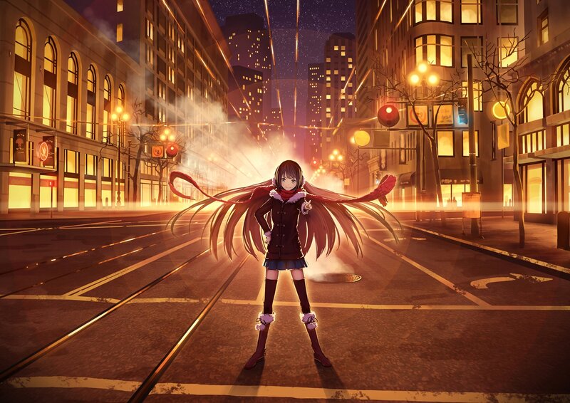 Anime Girl on Street — Orange, Dramatic, Night