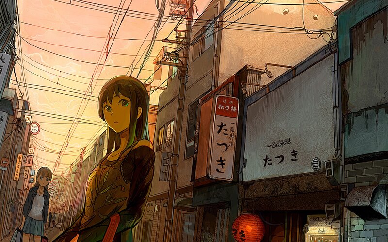 Anime Girl on Street — Orange, Dramatic, Sunset