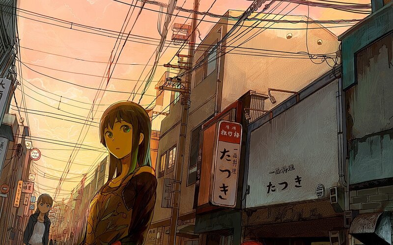 Anime Girl on Street — Orange, Dramatic