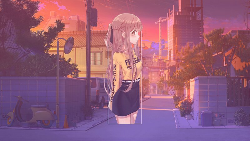 Anime Girl on Street — Purple, Serene, Sunset
