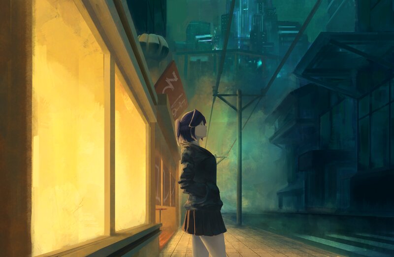 Anime Girl on Street — Yellow, Moody