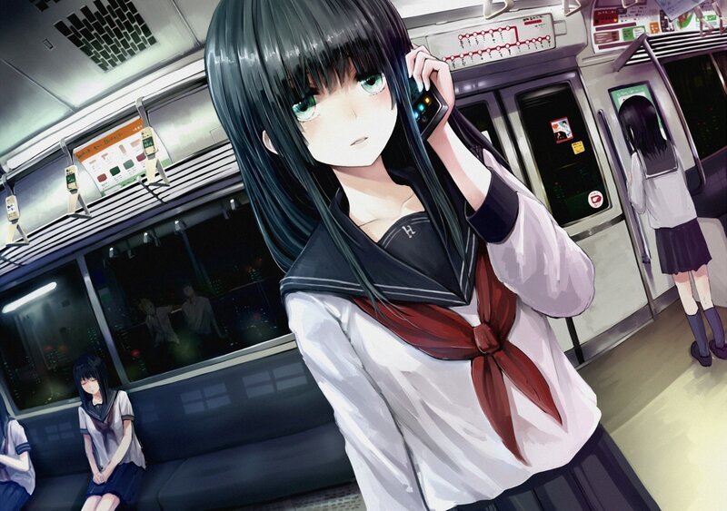 Anime girl on subway phone