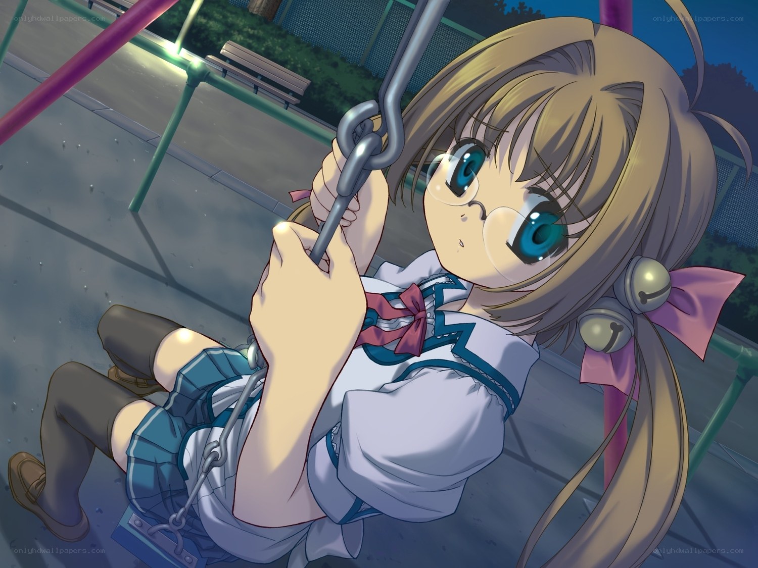 anime girl on swing at dusk