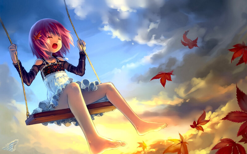 Anime girl on swing at sunset