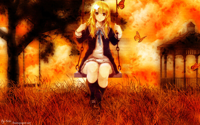 Anime girl on swing at sunset