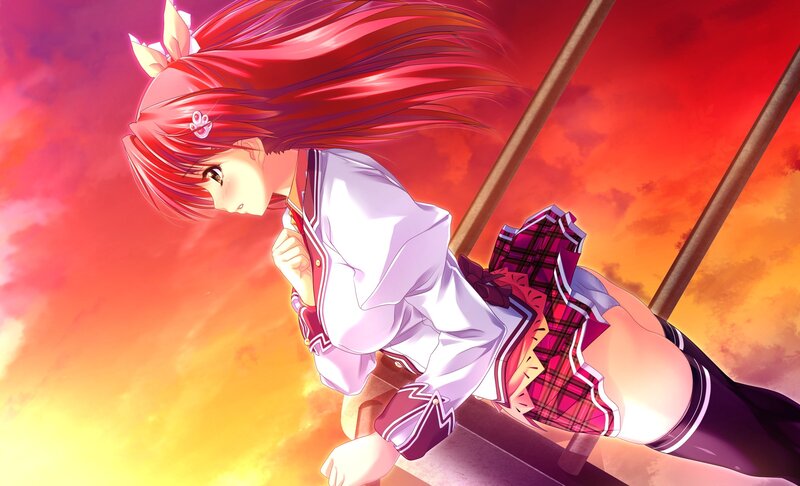 anime girl on swing at sunset