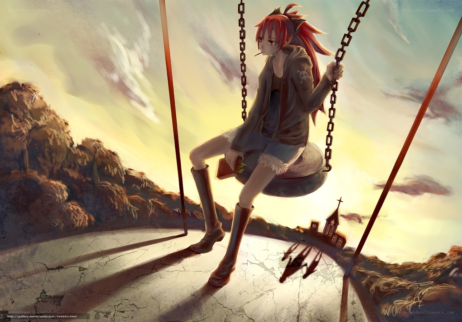 Anime girl on swing at sunset
