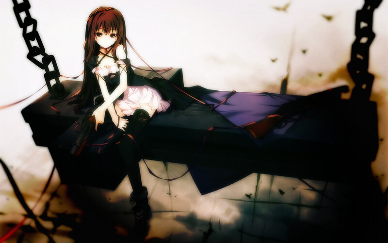Anime Girl on Swing — Black, Dramatic, Gun