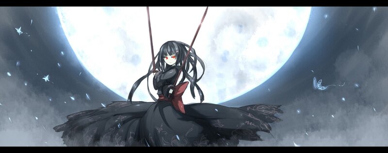 Anime Girl on Swing — Black, Dramatic, Night, Digital Art, Moon