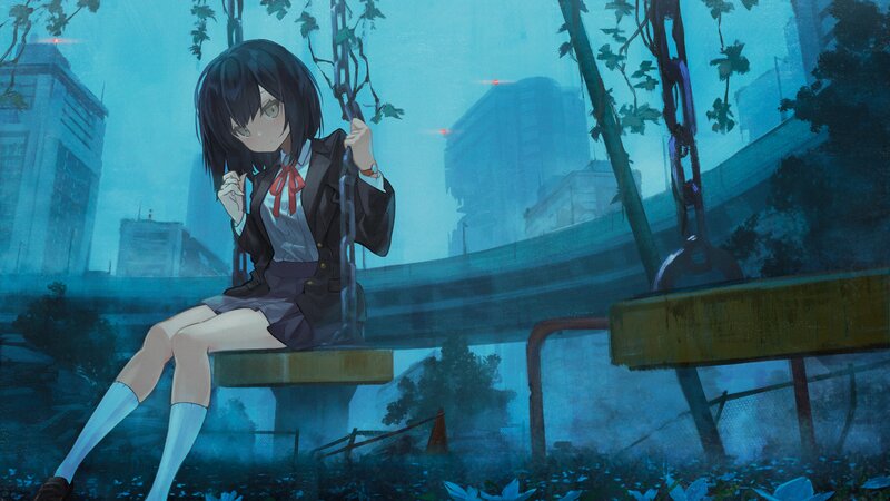 Anime Girl on Swing — Blue, Melancholic, Night, Digital Art