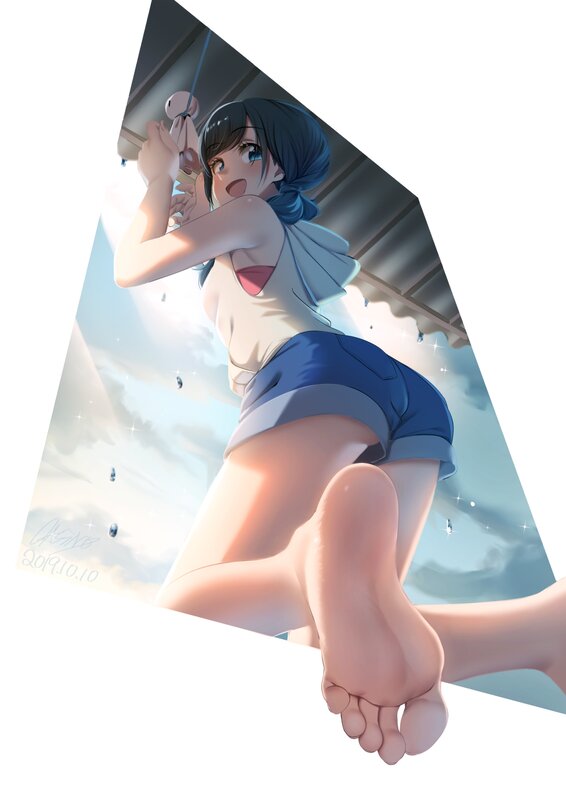Anime Girl on Swing — Blue, Playful, Afternoon, Digital Art