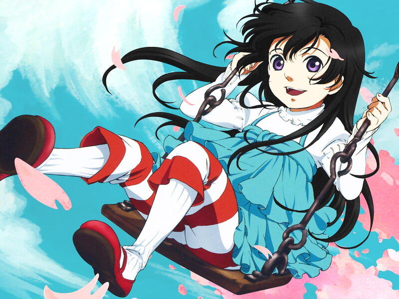 Anime Girl on Swing — Blue, Playful, Spring