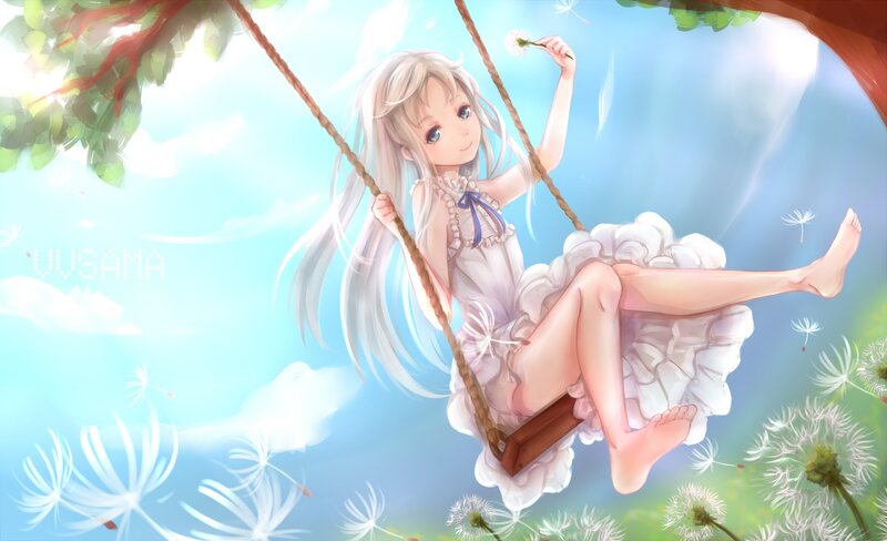 Anime Girl on Swing — Blue, Serene, Afternoon, Digital Art