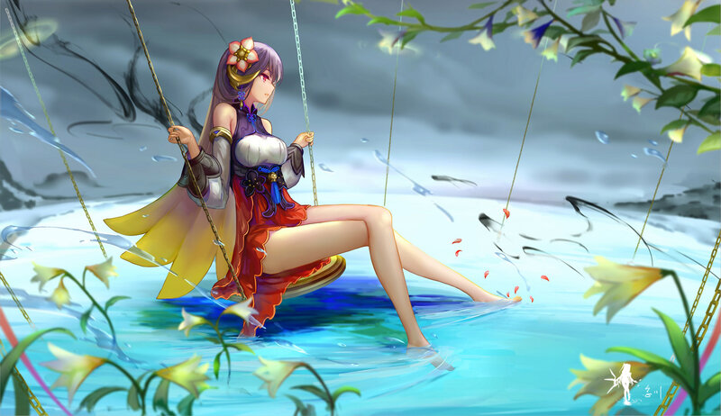Anime Girl on Swing — Blue, Serene, Digital Art, Water