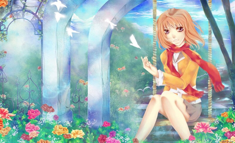 Anime Girl on Swing — Blue, Serene, Spring, Flowers