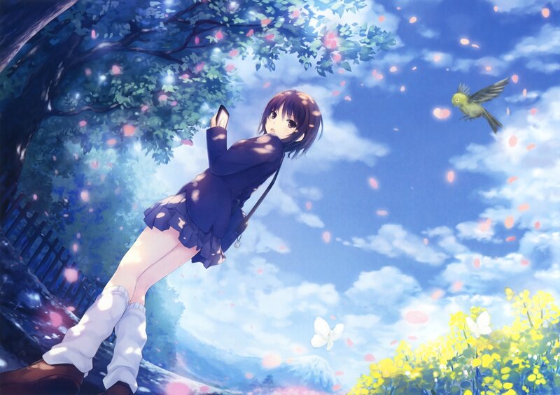Anime Girl on Swing — Blue, Serene, Spring