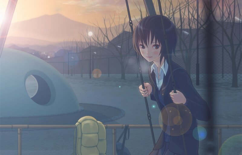 Anime Girl on Swing — Blue, Serene, Sunset