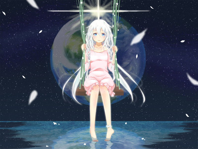Anime Girl on Swing — Blue, Serene