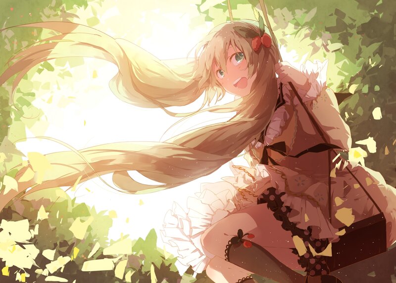 Anime Girl on Swing — Green, Serene, Afternoon, Digital Art