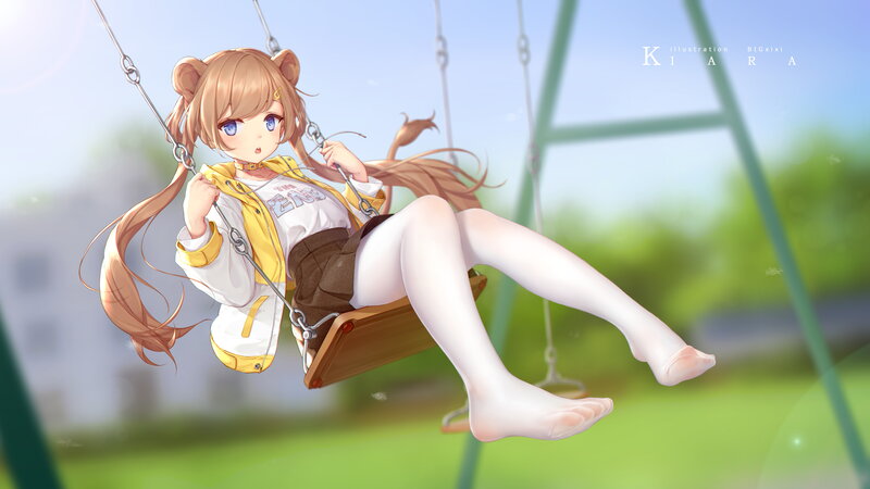 Anime Girl on Swing — Green, Serene, Afternoon, Digital Art, Trees