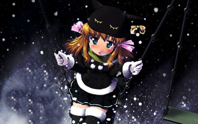 anime girl on swing in snow