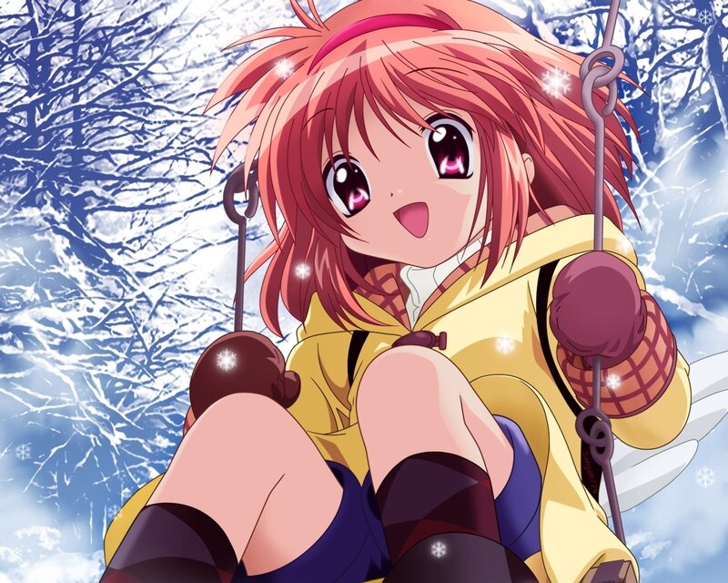 Anime girl on swing in winter