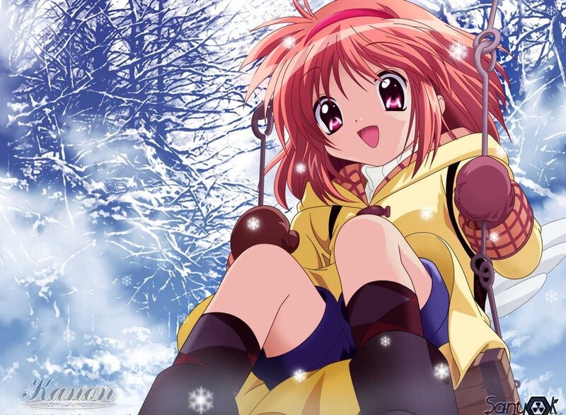 Anime girl on swing in winter