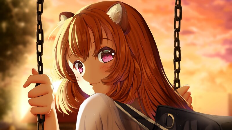 Anime Girl on Swing — Orange, Serene, Sunset, Digital Art, Cat Ears