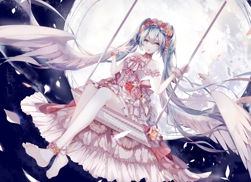 Anime Girl on Swing — Pink, Serene, Night, Digital Art