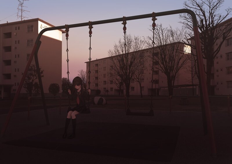Anime Girl on Swing — Purple, Melancholic, Sunset