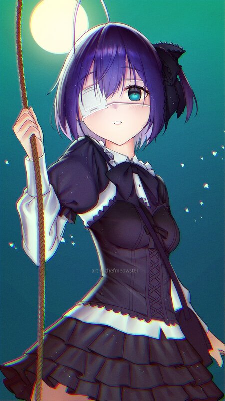 Anime Girl on Swing — Purple, Serene, Night, Digital Art, Moon, Eye Patch