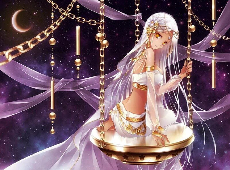 Anime Girl on Swing — Purple, Serene, Night, Digital Art, Moon