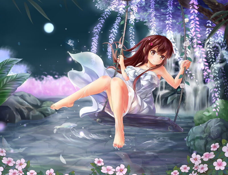 Anime Girl on Swing — Purple, Serene, Night, Digital Art