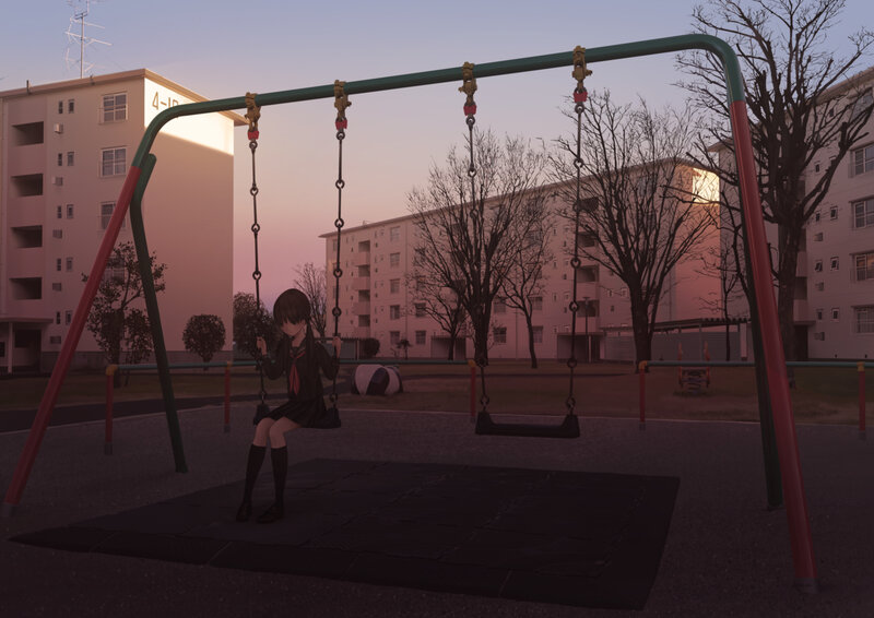 Anime Girl on Swing — Purple, Serene, Sunset, Digital Art