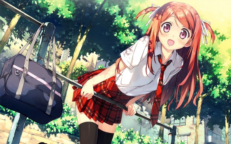 Anime Girl on Swing — Red, Bright, Cheerful