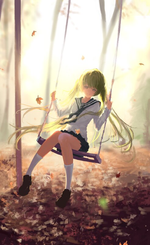 Anime Girl on Swing — Yellow, Serene