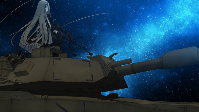 Anime girl on tank under stars
