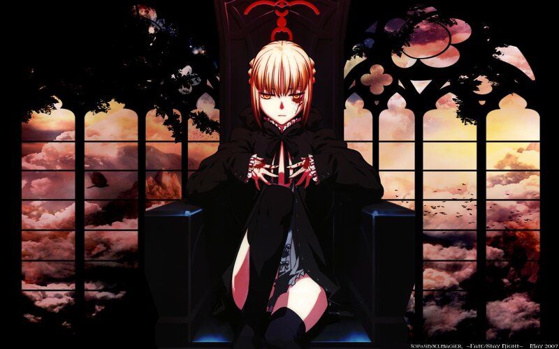 Anime Girl on Throne — Black, Dramatic, Sunset