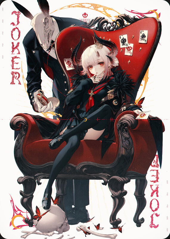 Anime Girl on Throne — Red, Dramatic, Digital Art, Skull