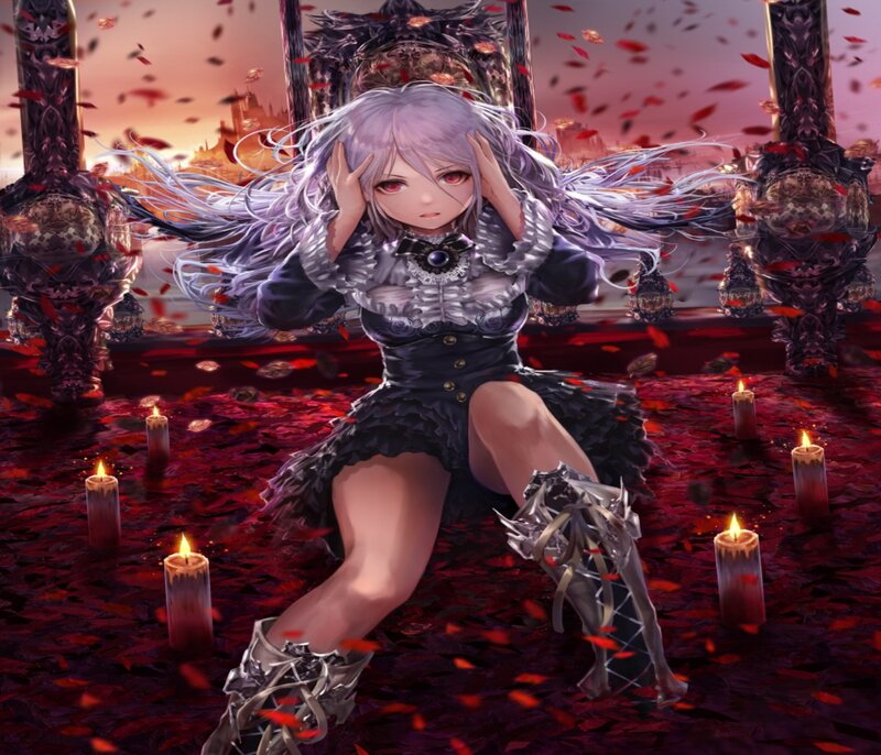 Anime Girl on Throne — Red, Dramatic, Sunset