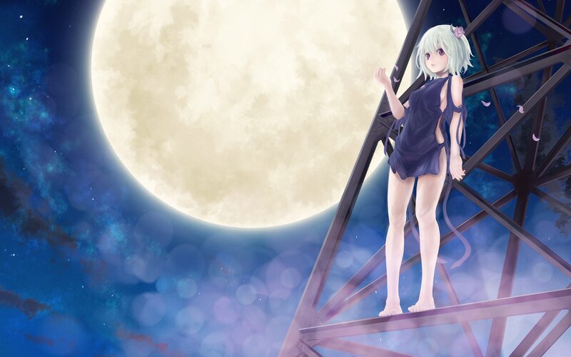 Anime girl on tower under moon