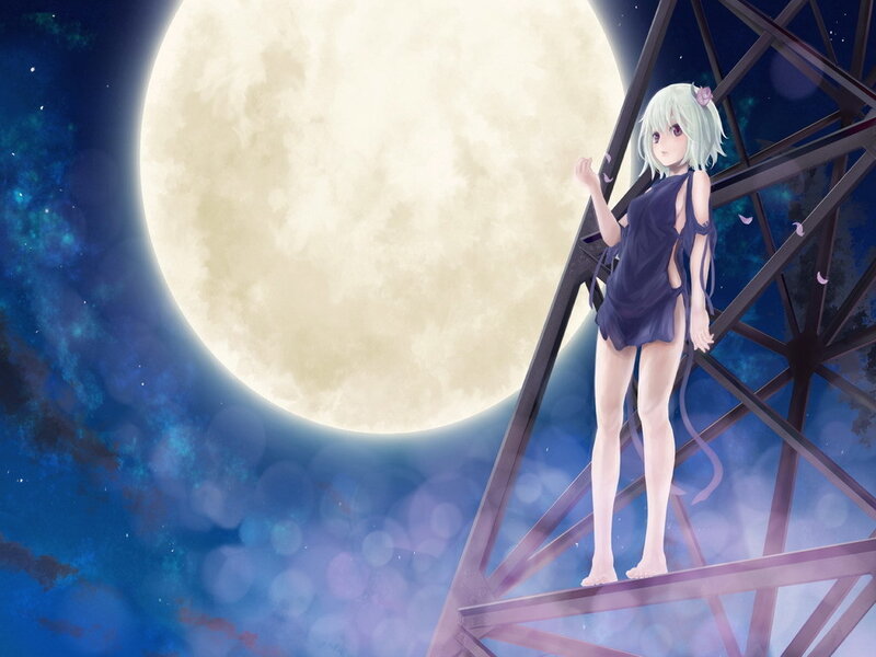 Anime girl on tower under moon