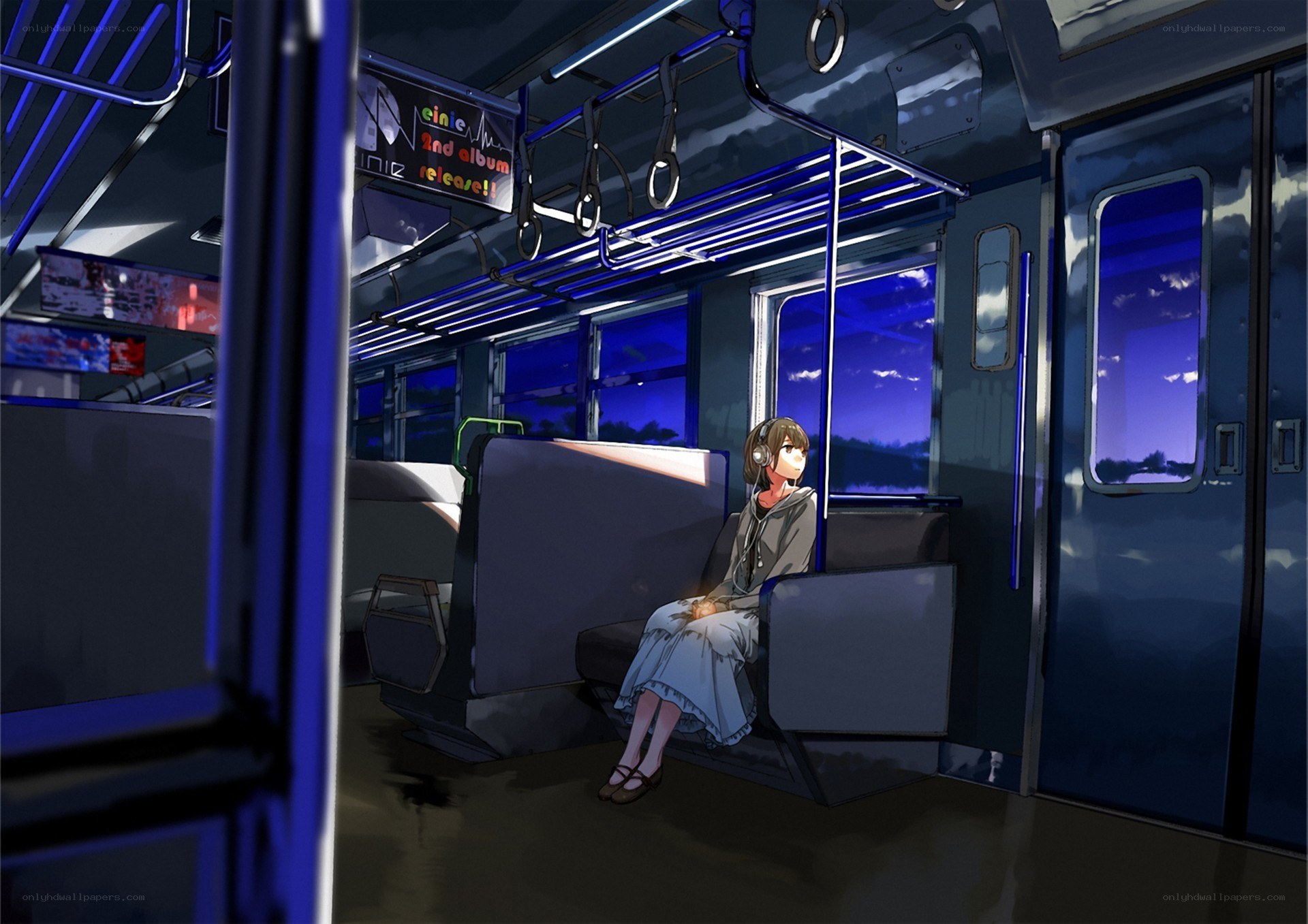 Anime girl on train at night