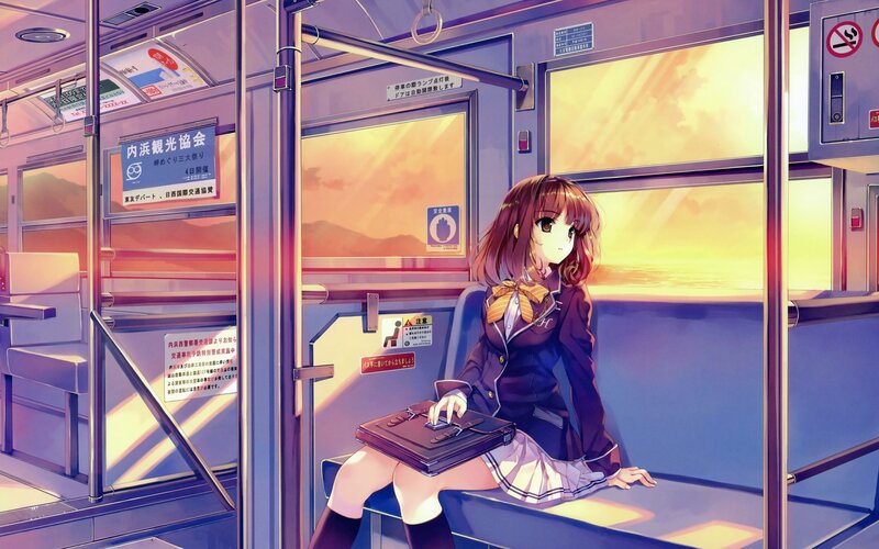 Anime girl on train at sunset